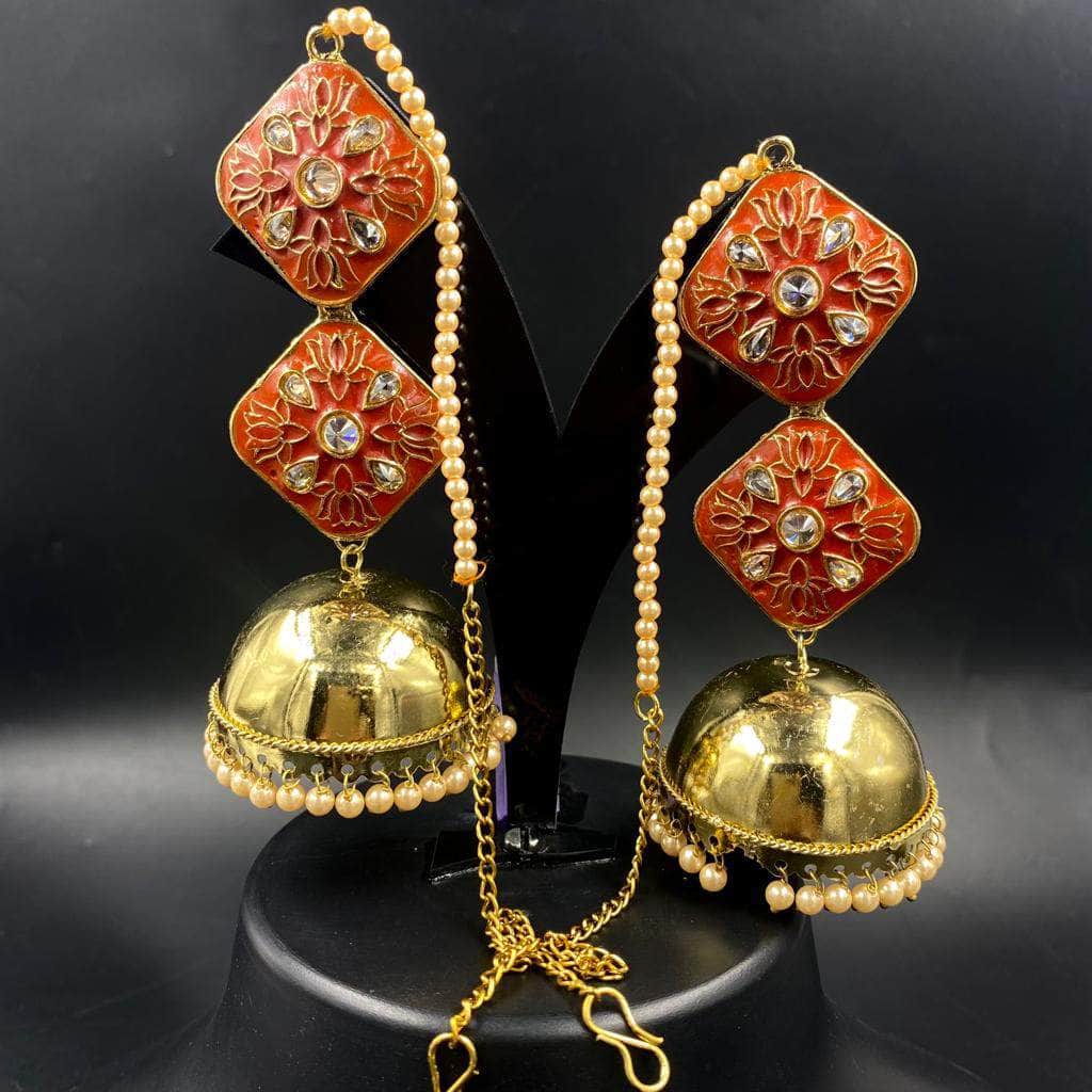 Zevar Earrings Gorgeous Stone jhumka with hair chains , Gold Gemstone Jewelry Chain Drop Dangle Earrings By Zevar.