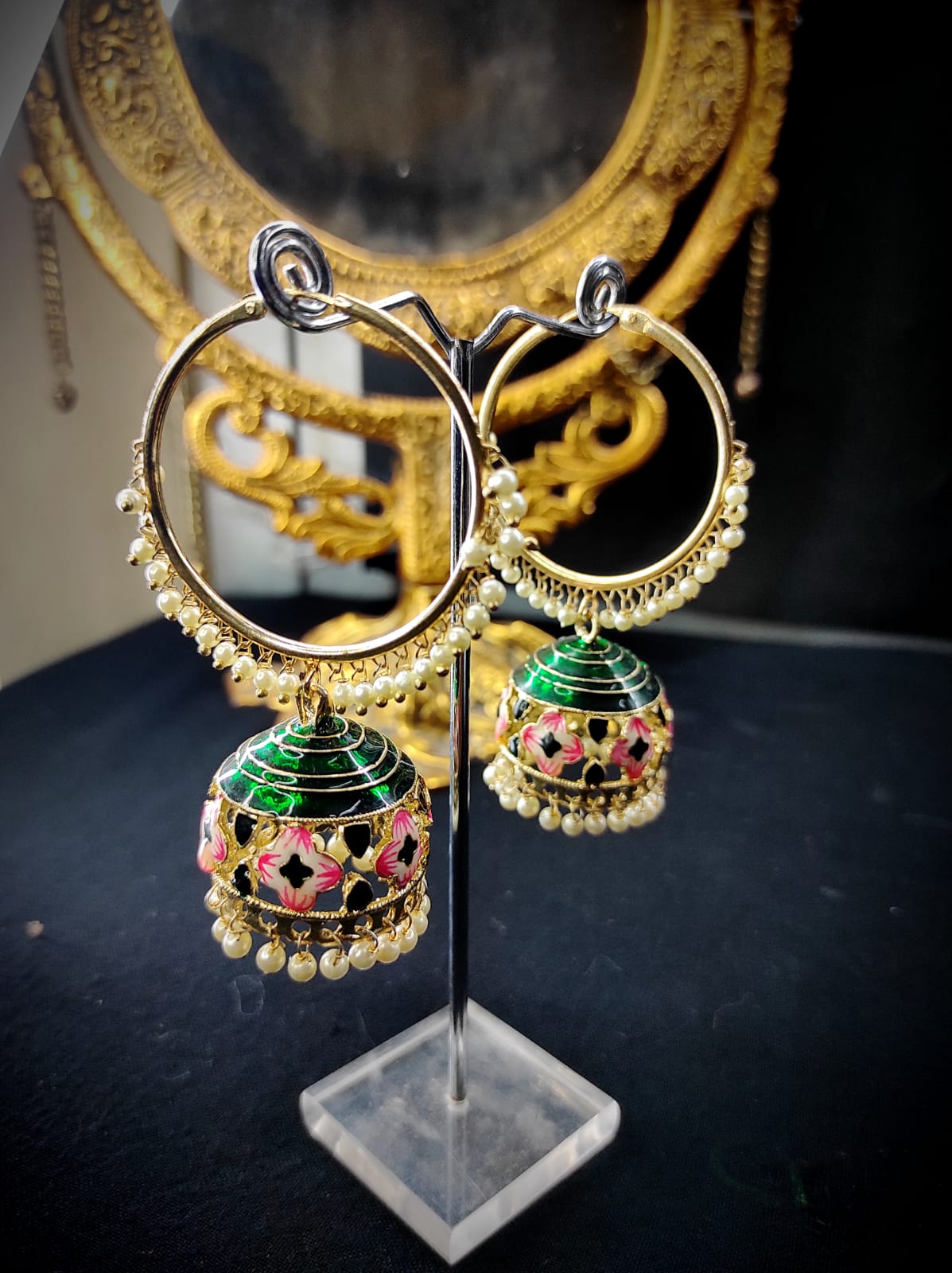Zevar Earrings Green Hoop Earring Hand Painted Meenakari Jhumka By Zevar.