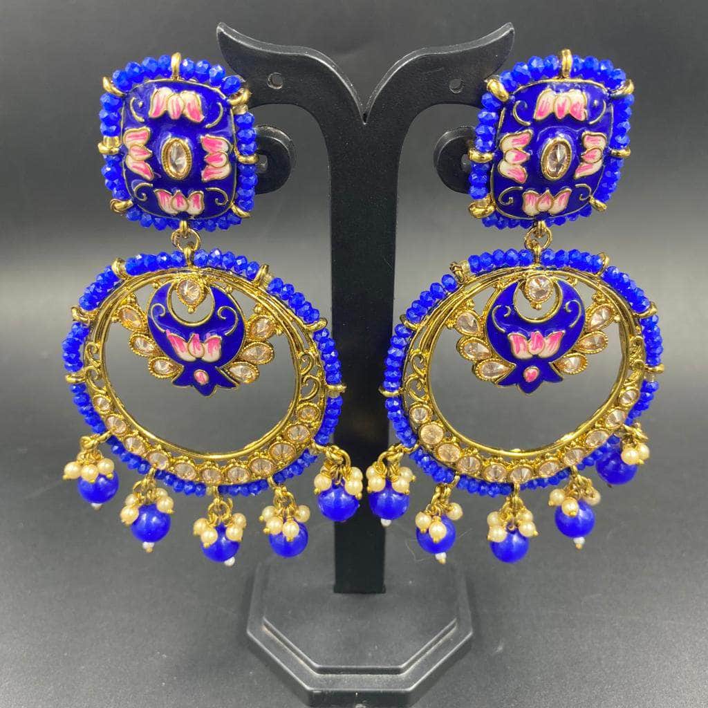 Zevar Earrings Kundan Blue Pearls Meena Work Chandbaali Earrings Set By Zevar.