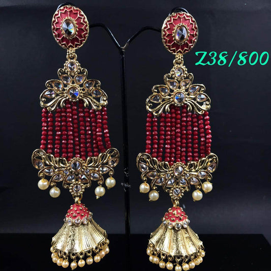 Zevar Earrings MEHROON Kundan Gold Pleted Long Earrings Design By Zevar