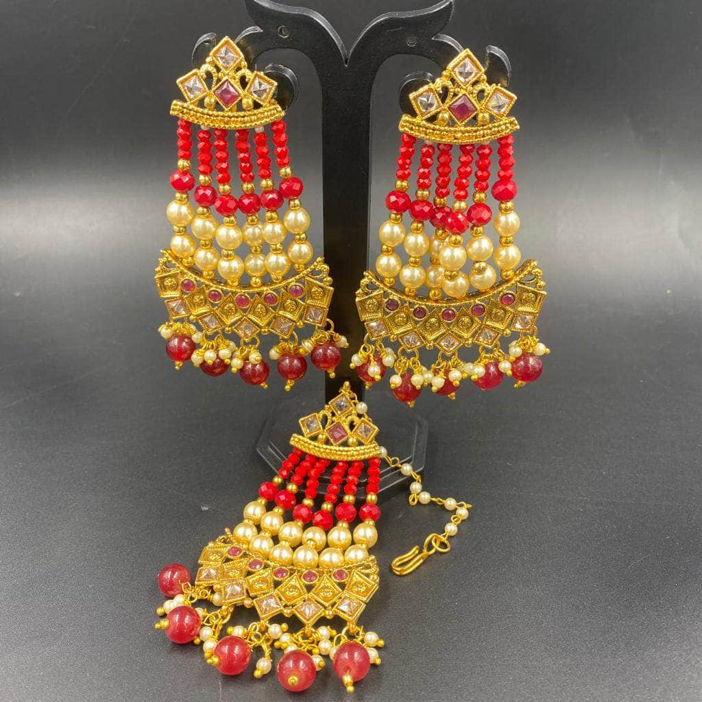Zevar Earrings Mehroon Kundan & Pearl Earrings & Maangtikka Set By Zevar.