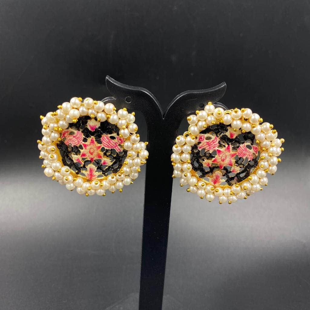 Zevar Earrings New Hand Painted Meenakari With Cluster Pearl Earrings Desing By Zevar.