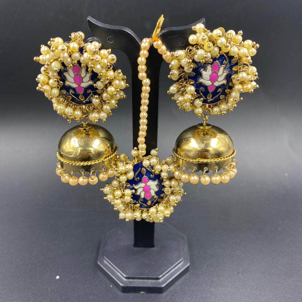 Zevar Earrings Peora Blue & Pink Meenakari And Pearl Jhumkas With Maang Tika By Zevar.
