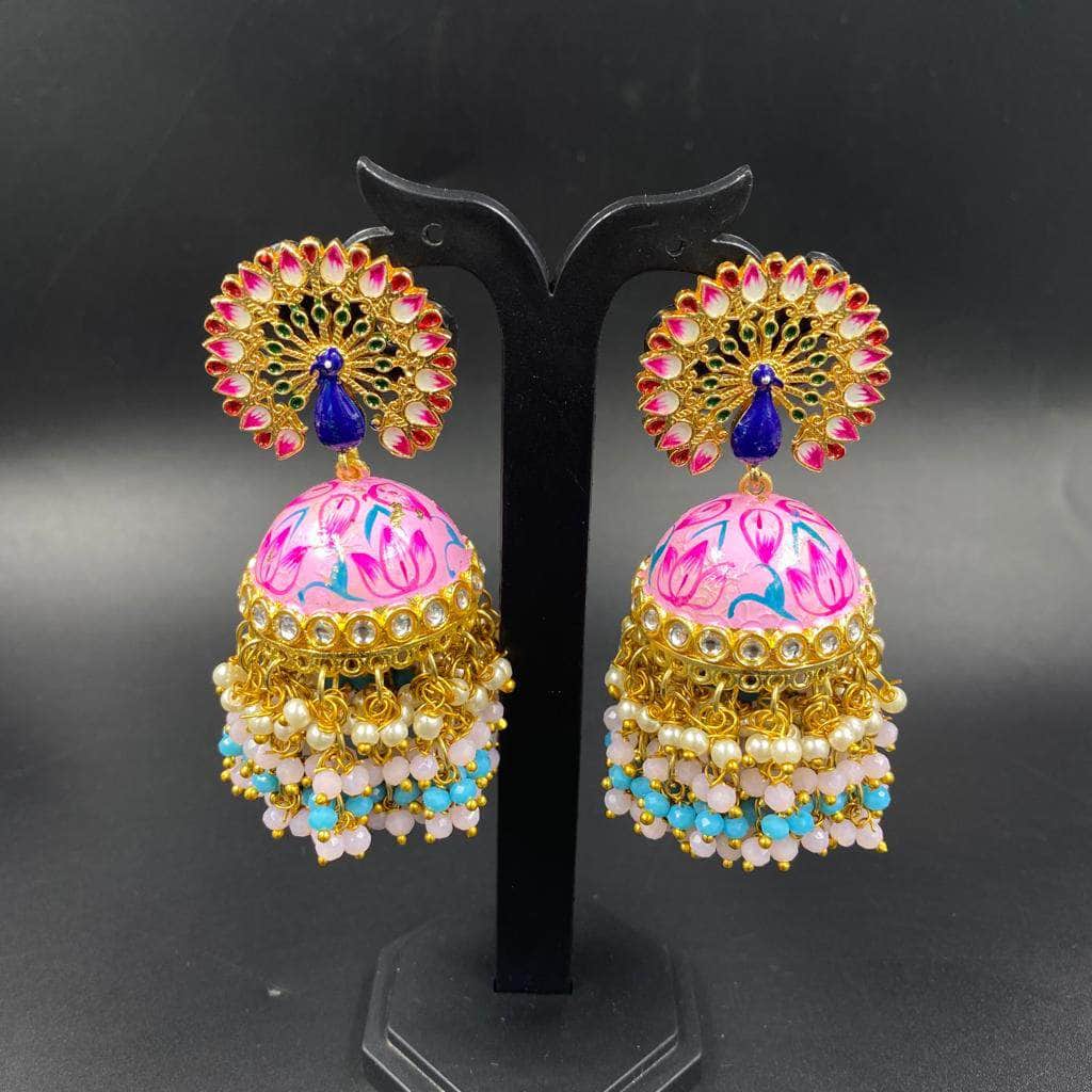 Zevar Earrings Pink Meenakari Peacock Jhumka Earrings,Light Weight Earrings,Desing By Zevar.