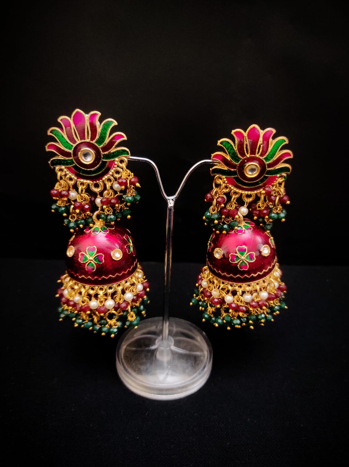 Real Meenakari Work kundan jhumka earrings Set By Zevar