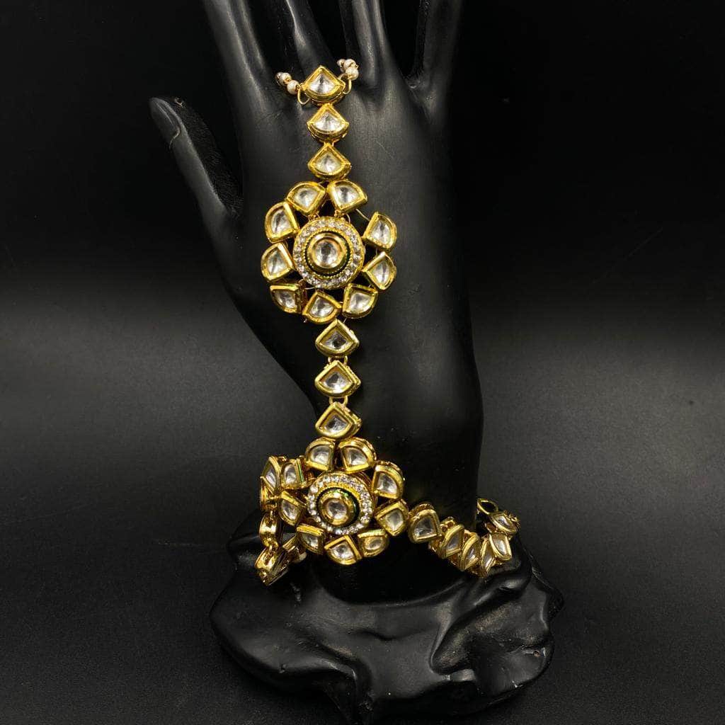 Zevar Haathphool Indian Punjabi Handcrafted Gold Polki Adjustable Hand Jewelry Bracelet Ring By Zevar.