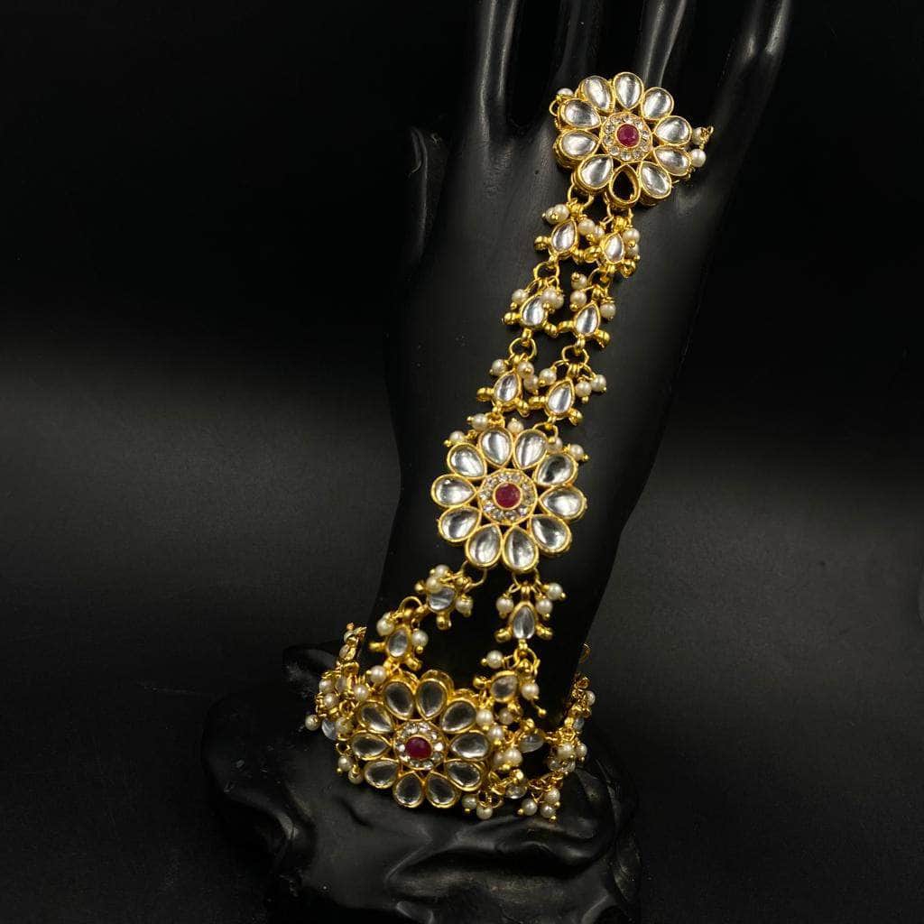 Zevar Haathphool Indian Punjabi Handcrafted Gold Polki Adjustable Hand Jewelry Bracelet Ring By Zevar.