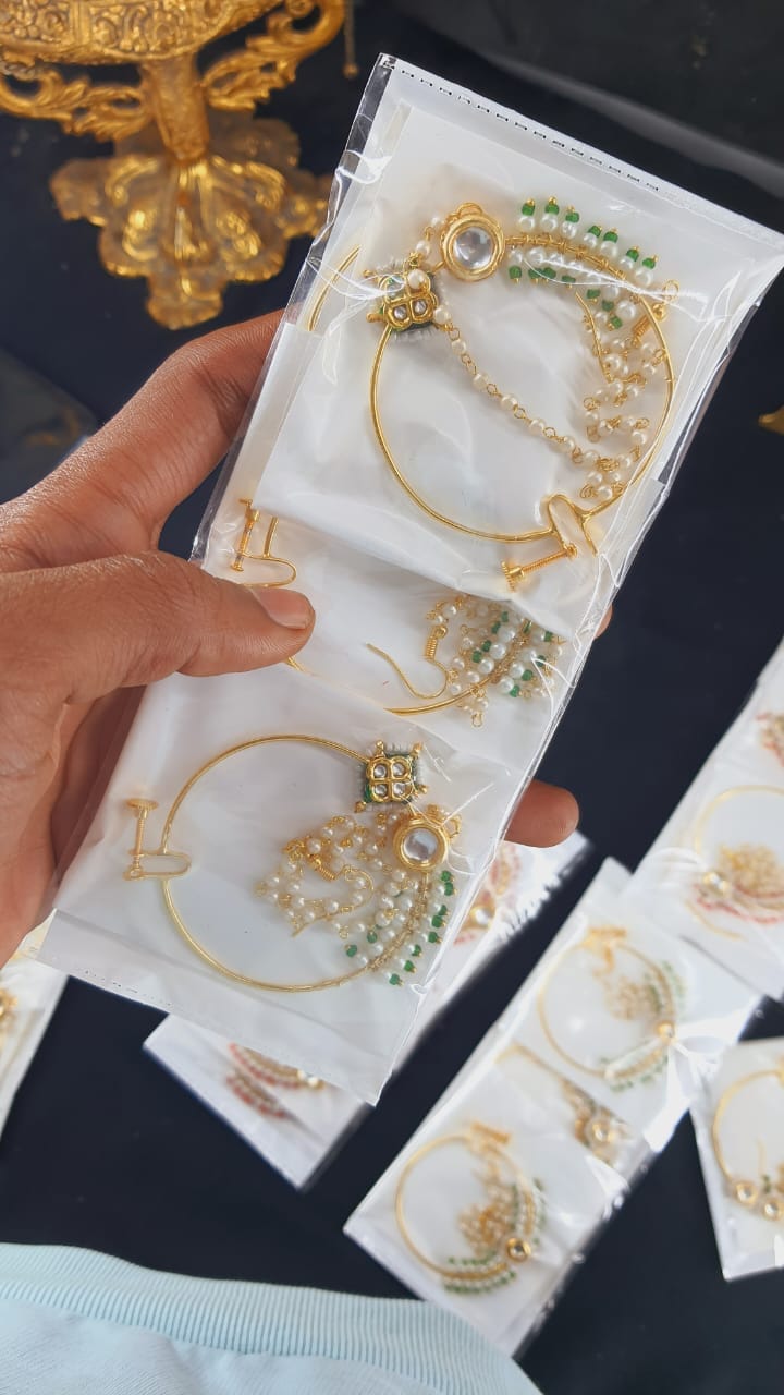 Zevar Jewelry Bridal nath nathni nose ring with a chain Set By Zevar.