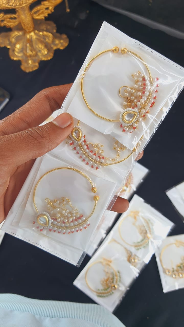 Zevar Jewelry Bridal nath nathni nose ring with a chain Set By Zevar.