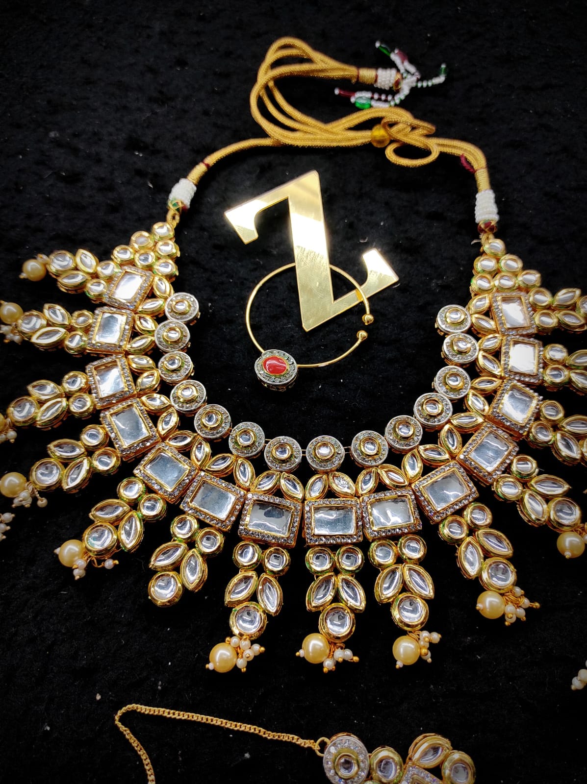 Zevar Jewelry kundan AD ston Necklace Earring With Maangtika set by Zevar