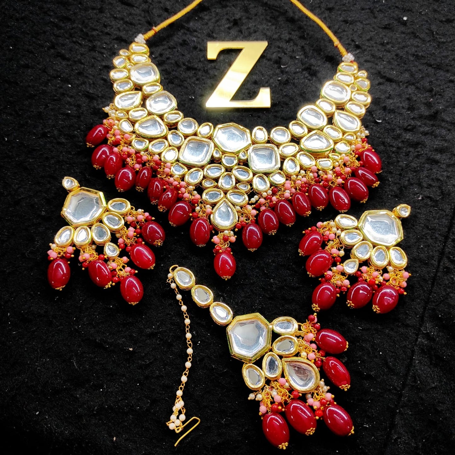 Zevar Jewelry kundan Necklace Earring With Maangtika set by Zevar