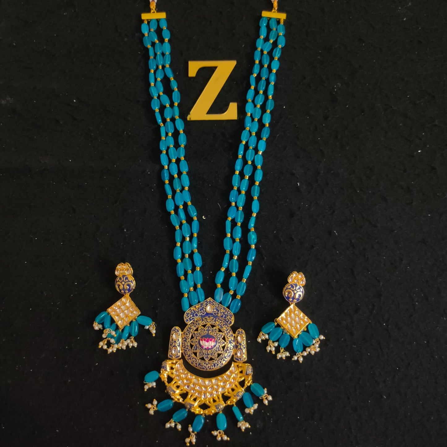 Zevar Jewelry KUNDAN PEARL LONG NECKLACE & EARRINGS SET BY ZEVAR