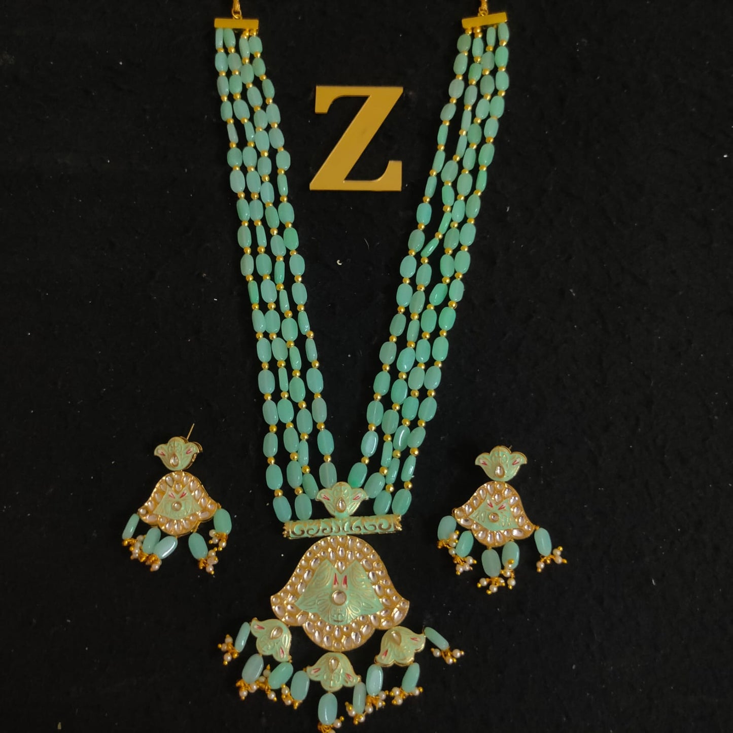 Zevar Jewelry KUNDAN PEARL LONG NECKLACE & EARRINGS SET BY ZEVAR