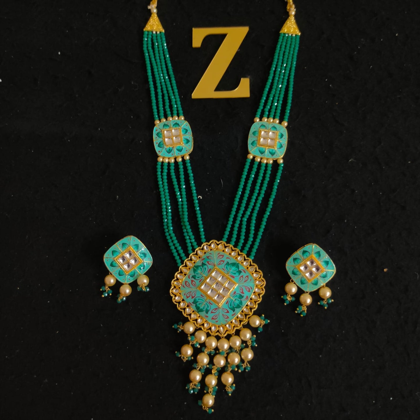 Zevar Jewelry KUNDAN PEARL LONG NECKLACE & EARRINGS SET BY ZEVAR