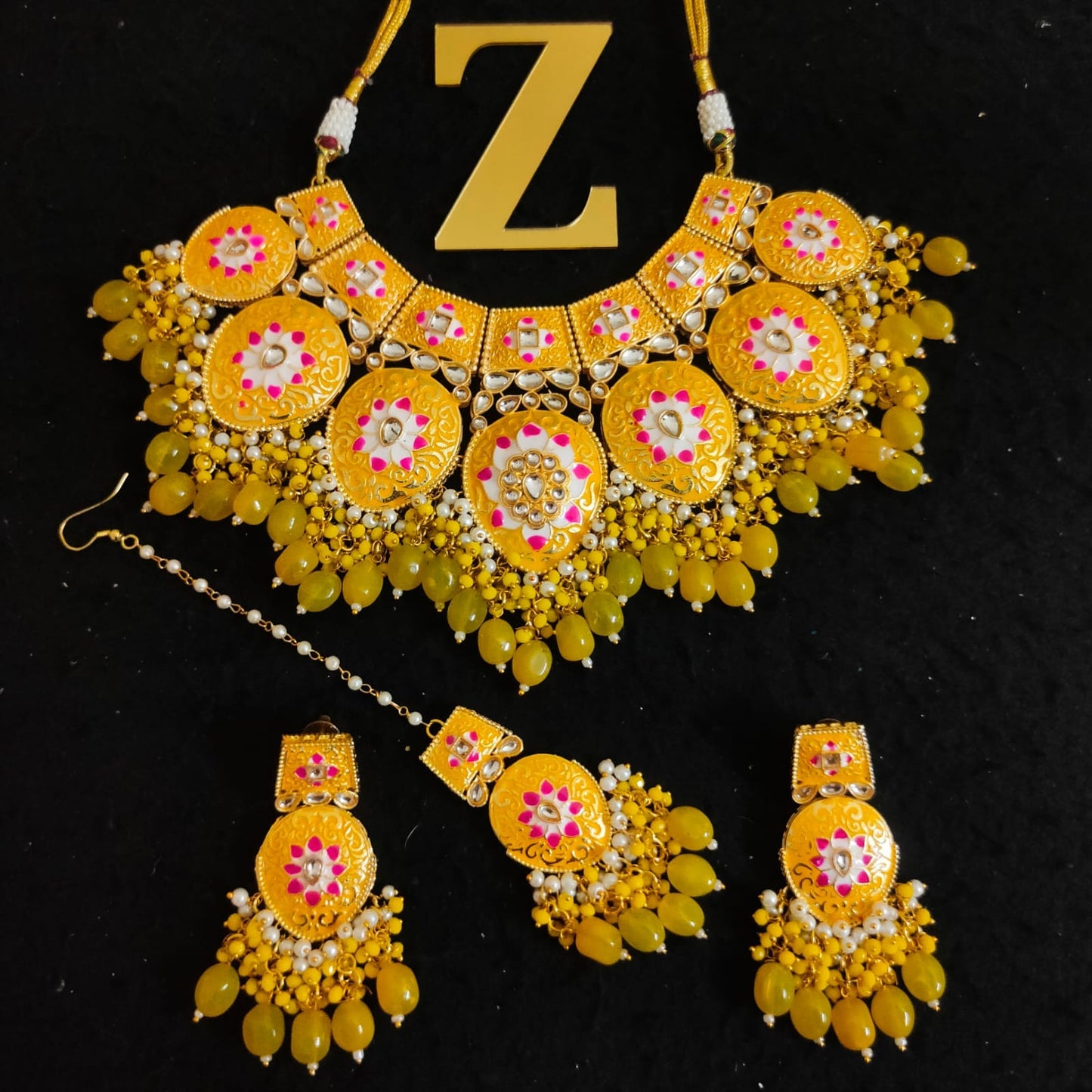 Zevar Jewelry Meenakari Choker Necklace earrings maangtikka set by Zevar