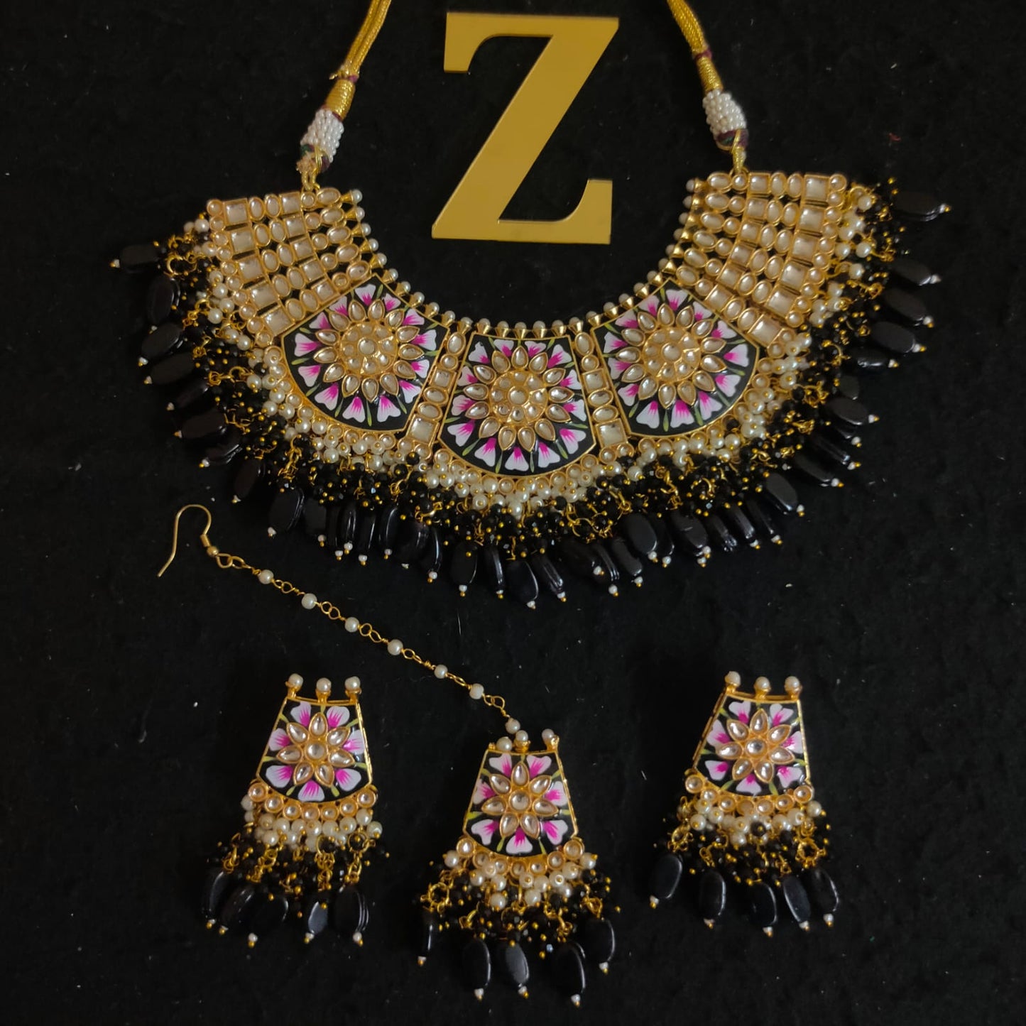 Zevar Jewelry Meenakari Choker Necklace earrings maangtikka set by Zevar