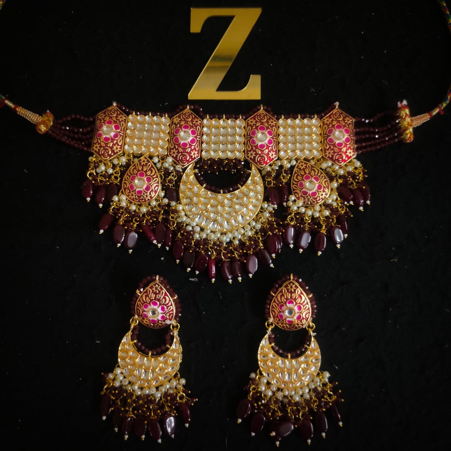 Zevar Jewelry Meenakari Choker Necklace earrings maangtikka set by Zevar