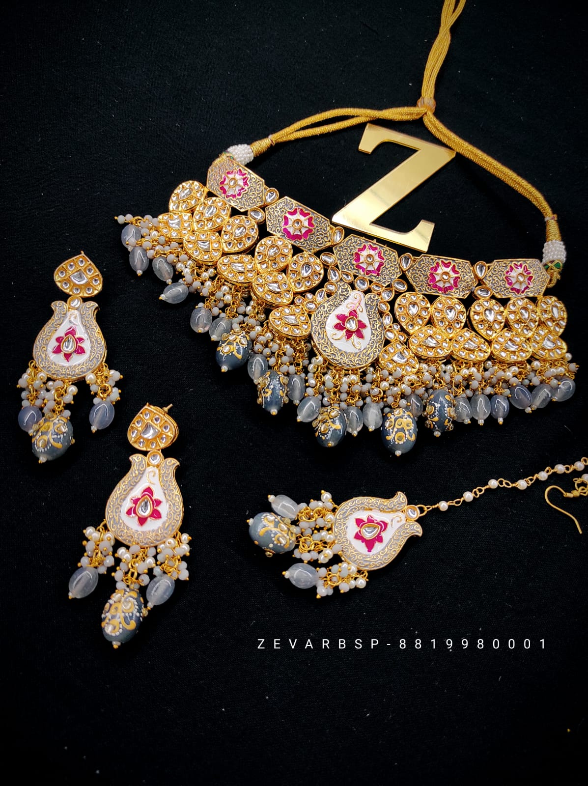 Zevar Jewelry Meenakari Choker Necklace Earrings With Maangtikka Set By Zevar