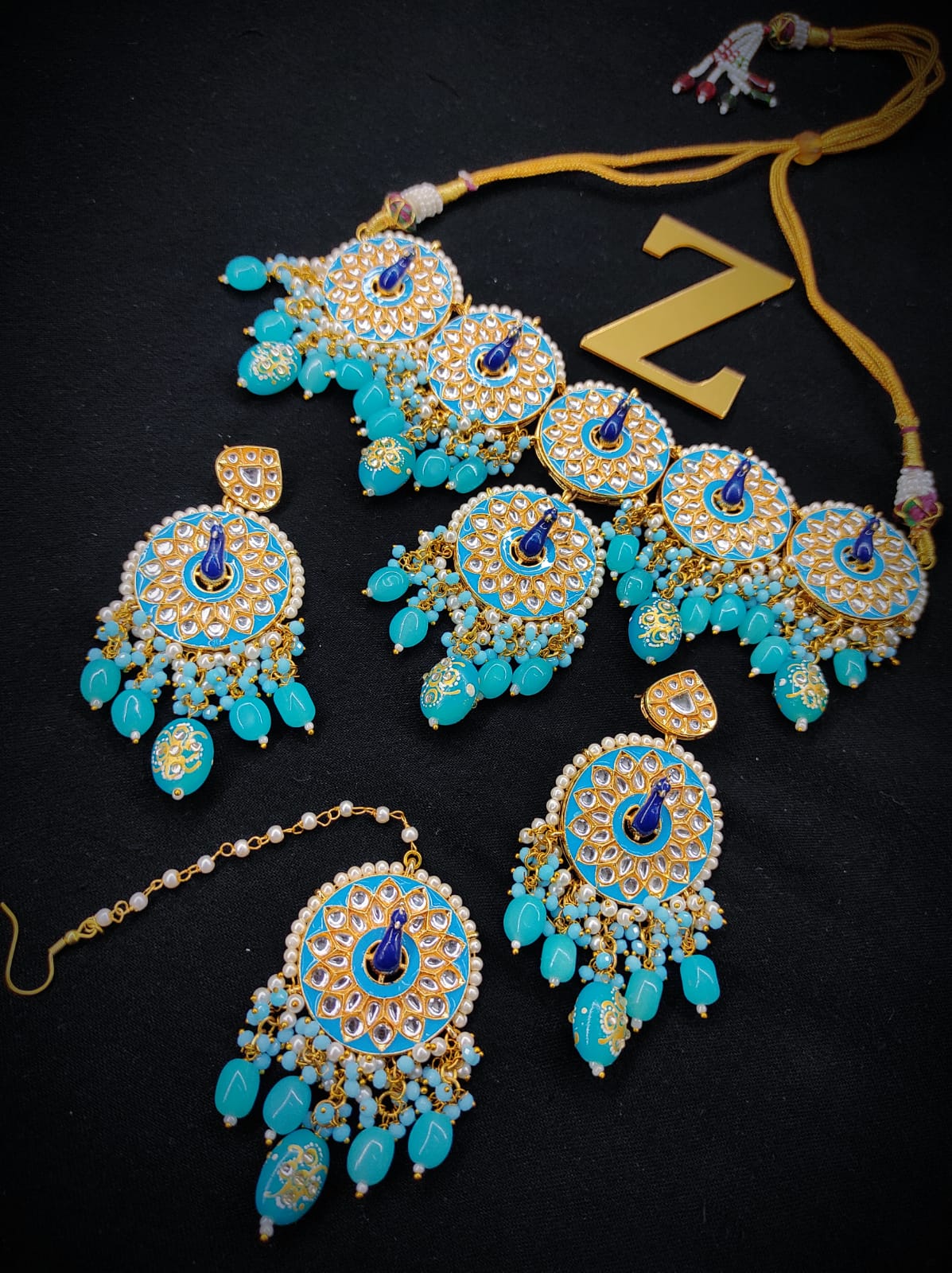 Zevar Jewelry Meenakari Choker Necklace Earrings With Maangtikka Set By Zevar
