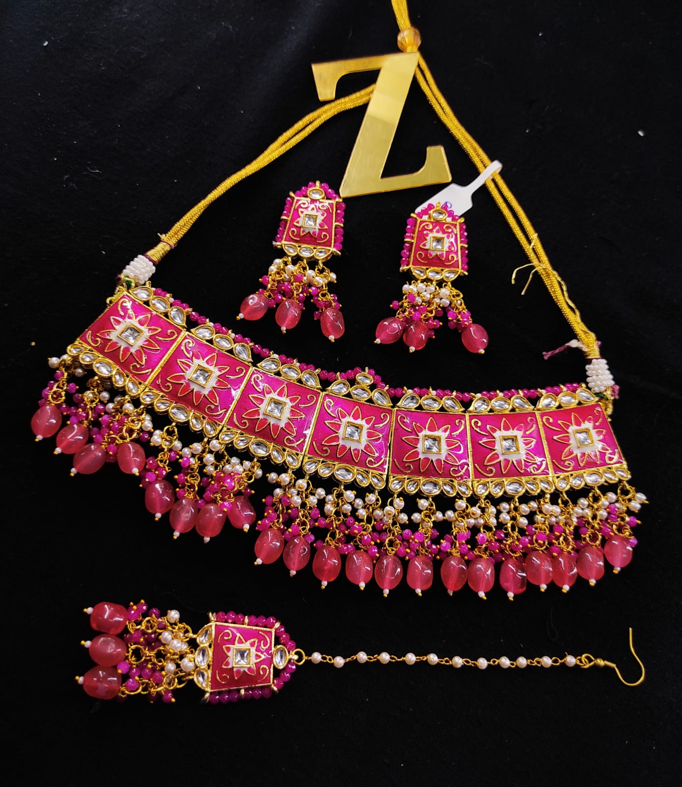 Zevar Jewelry Meenakari Choker Necklace earrings With maangtikka set by Zevar