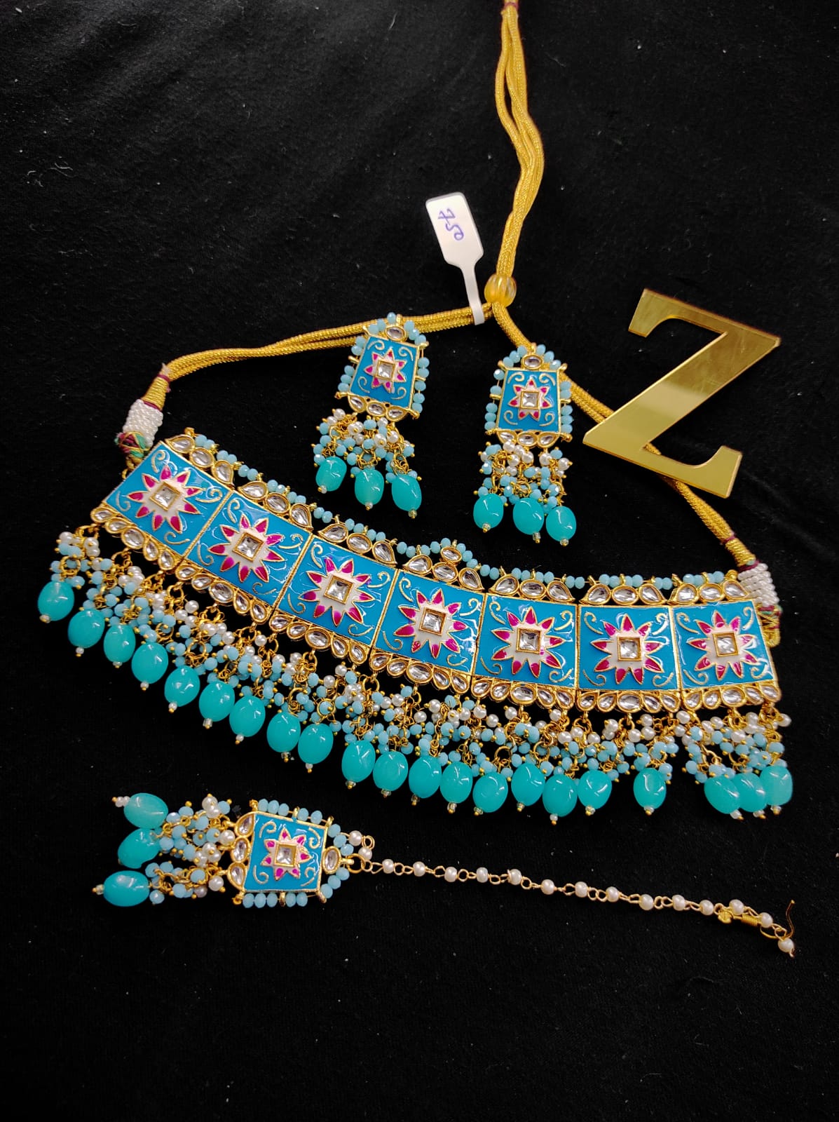 Zevar Jewelry Meenakari Choker Necklace earrings With maangtikka set by Zevar