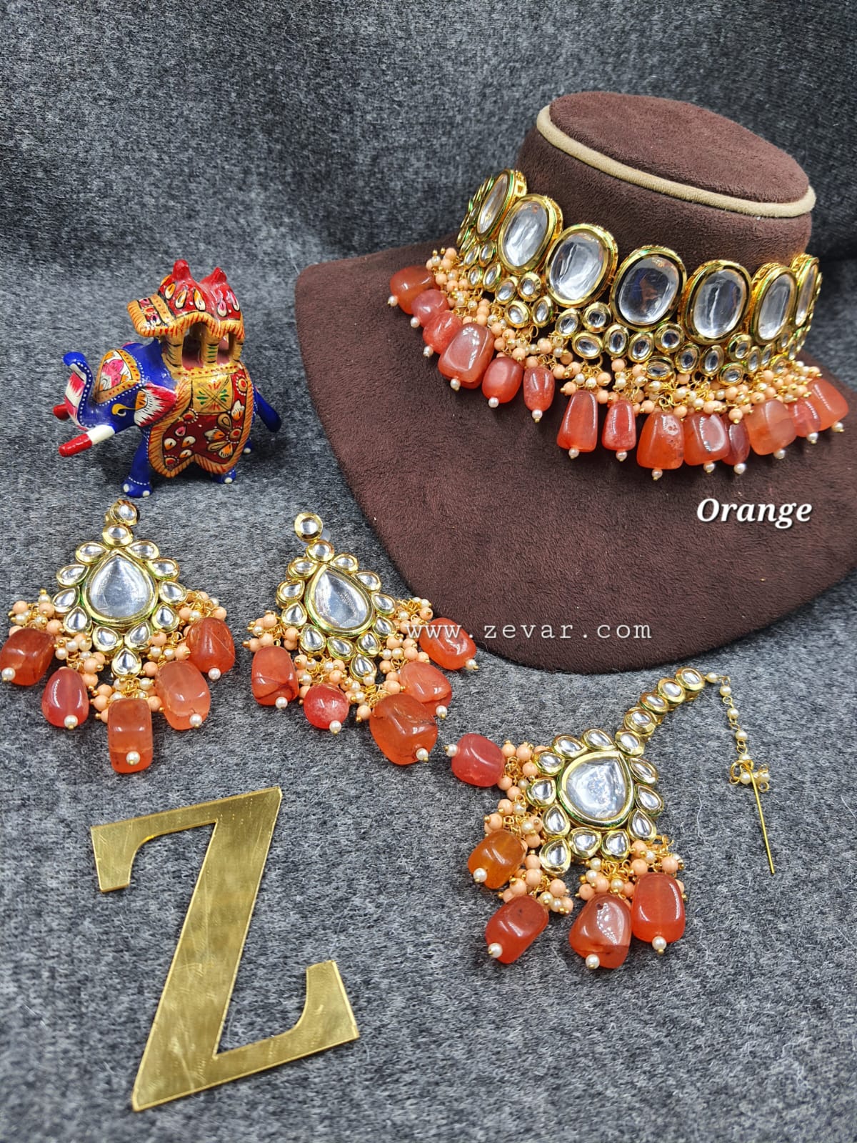 Zevar Jewelry orange ZEVAR | Pearl Beads kundan Choker Necklace Earring & Maangtika6.