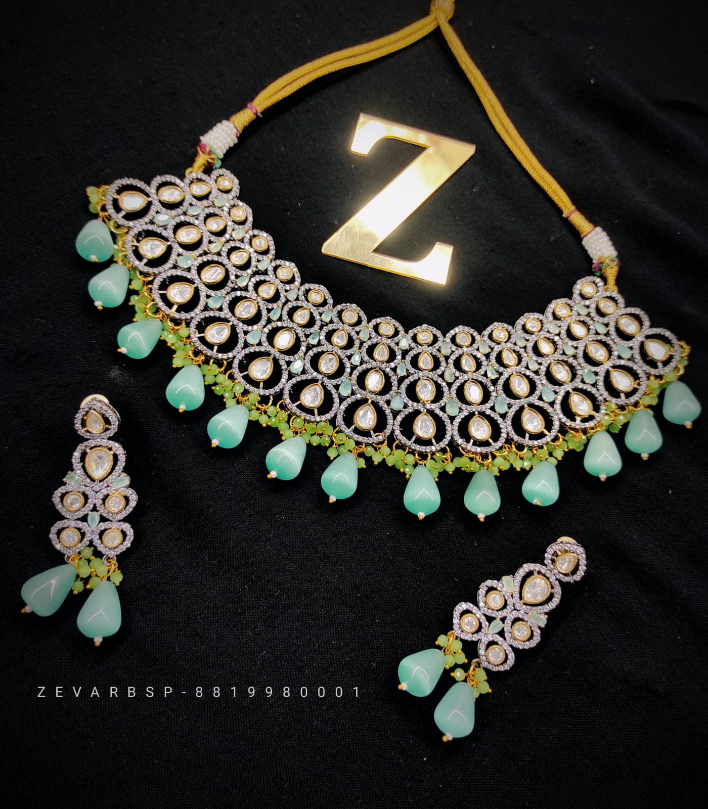 Zevar Jewelry Premium Quality AD Stone Monalisa Beads Uncut Kundan Jewellery Set By Zevar