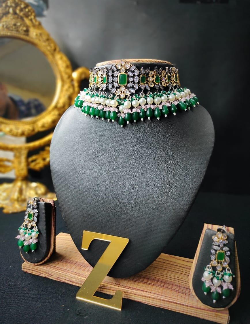 Zevar Jewelry Premium Quality AD Stone Monalisa Beads Uncut Kundan Jewellery Set By Zevar