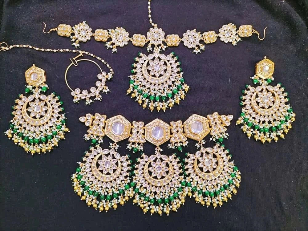 Zevar Jewelry Premium Quality Kundan Bridal Jewellery Earring With Maangtikka & Nath Set By Zevar.1