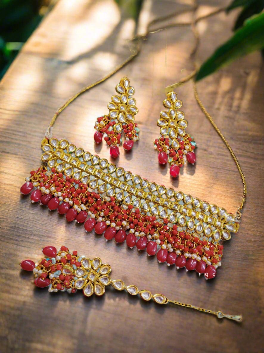 Zevar Jewelry Premium Quality Kundan Choker Necklace Earrings With Maang Tikka set By Zevar