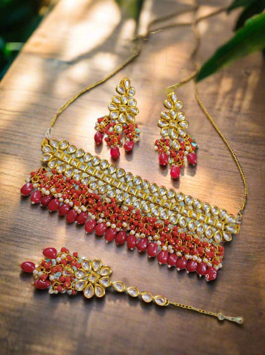 Zevar Jewelry Premium Quality Kundan Choker Necklace Earrings With Maang Tikka set By Zevar