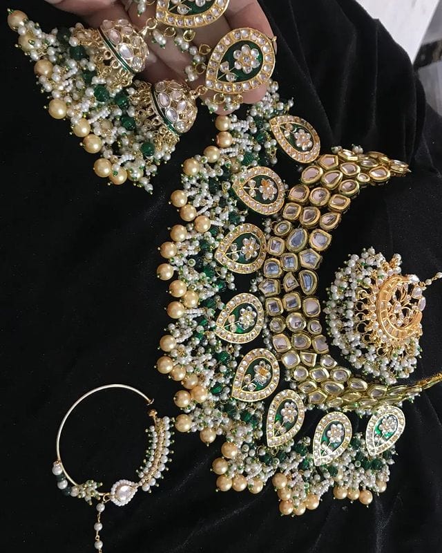 Zevar Jewelry Traditional green Kundan Bridal Jewellery Necklace set By Zevar