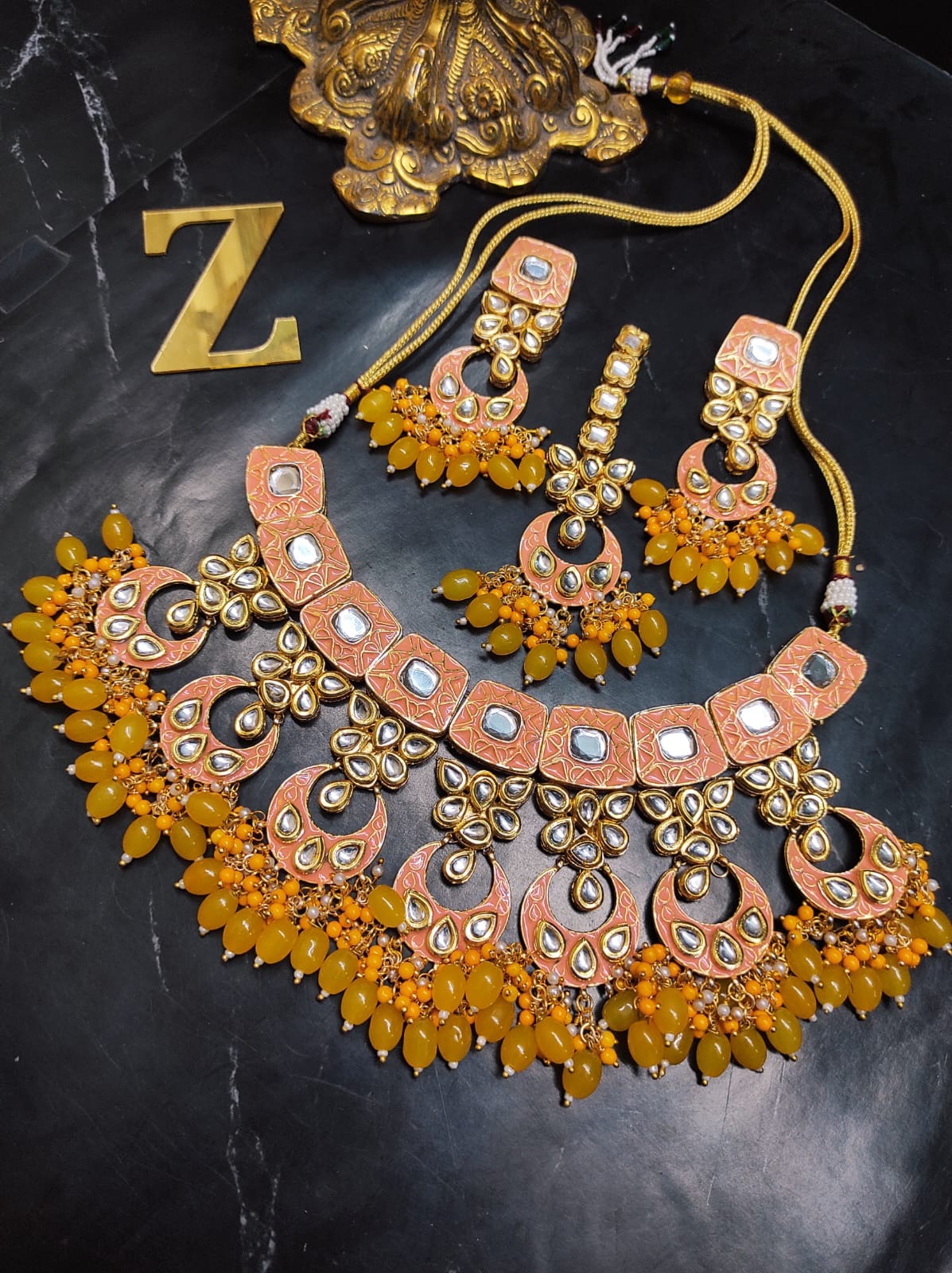 Zevar Jewelry ZEVAR | Meenakari Work Kundan Choker Necklace Earrings with Maantika 01