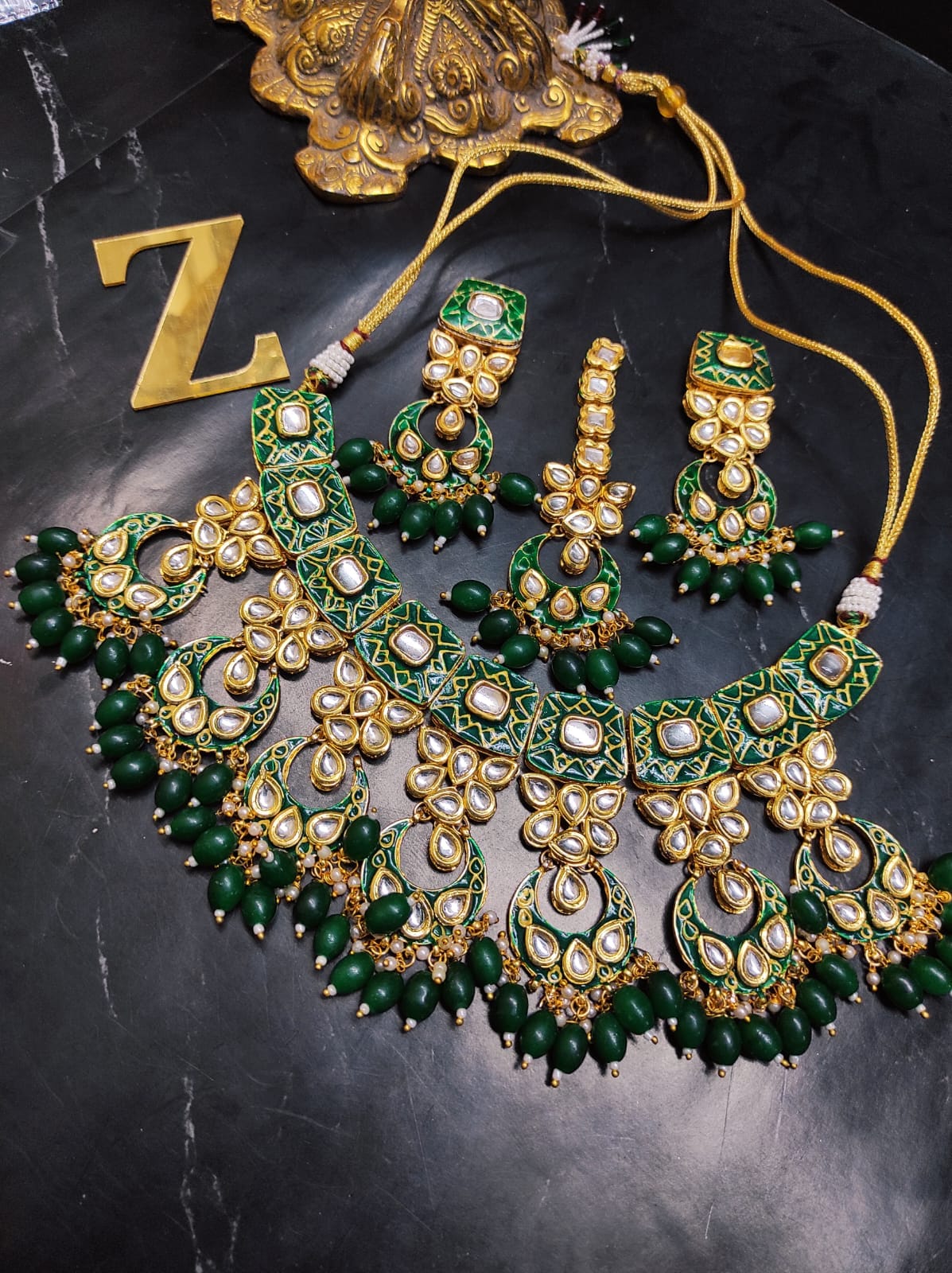 Zevar Jewelry ZEVAR | Meenakari Work Kundan Choker Necklace Earrings with Maantikka 03