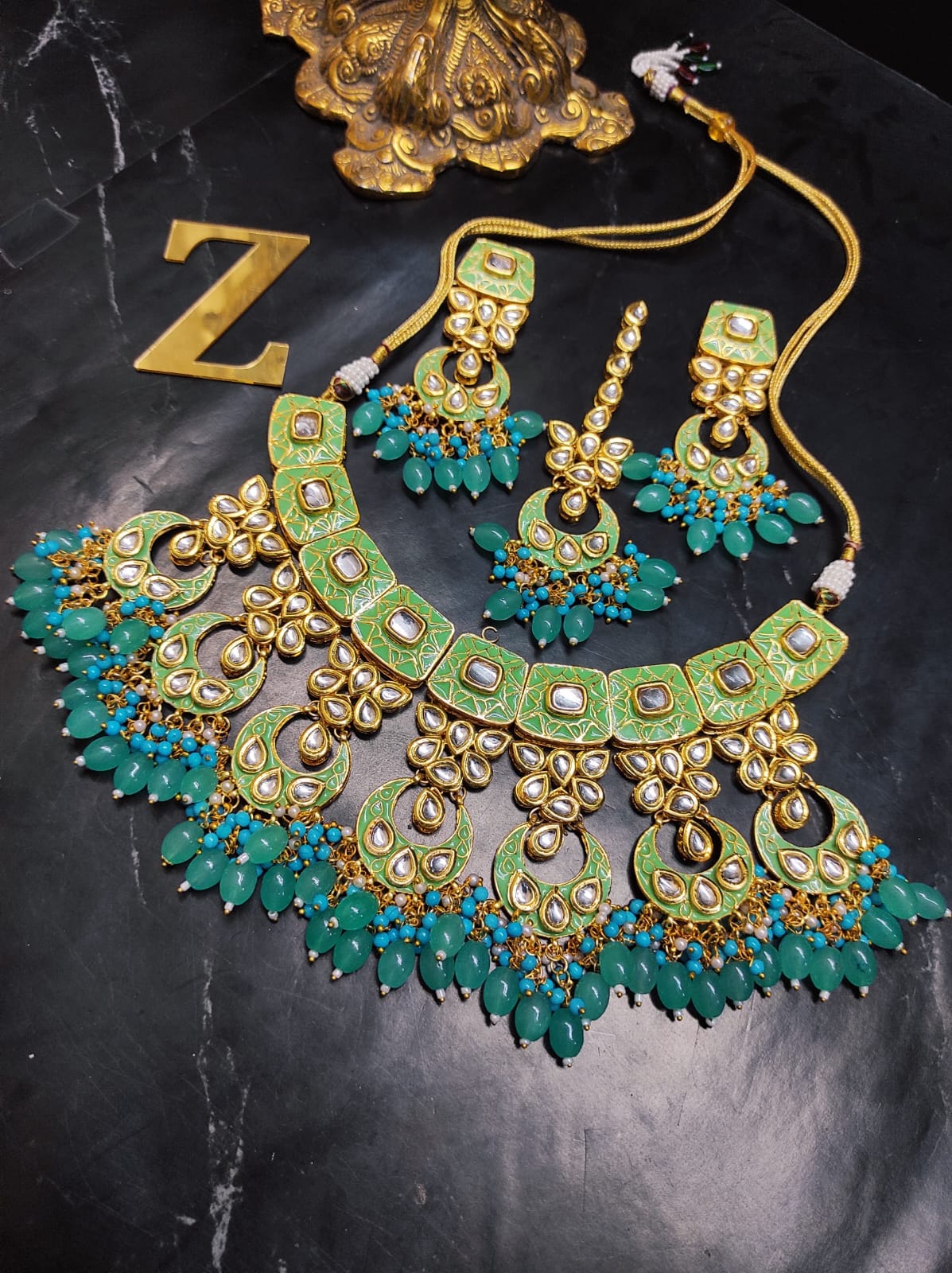 Zevar Jewelry ZEVAR | Meenakari Work Kundan Choker Necklace Earrings with Maantikka 04