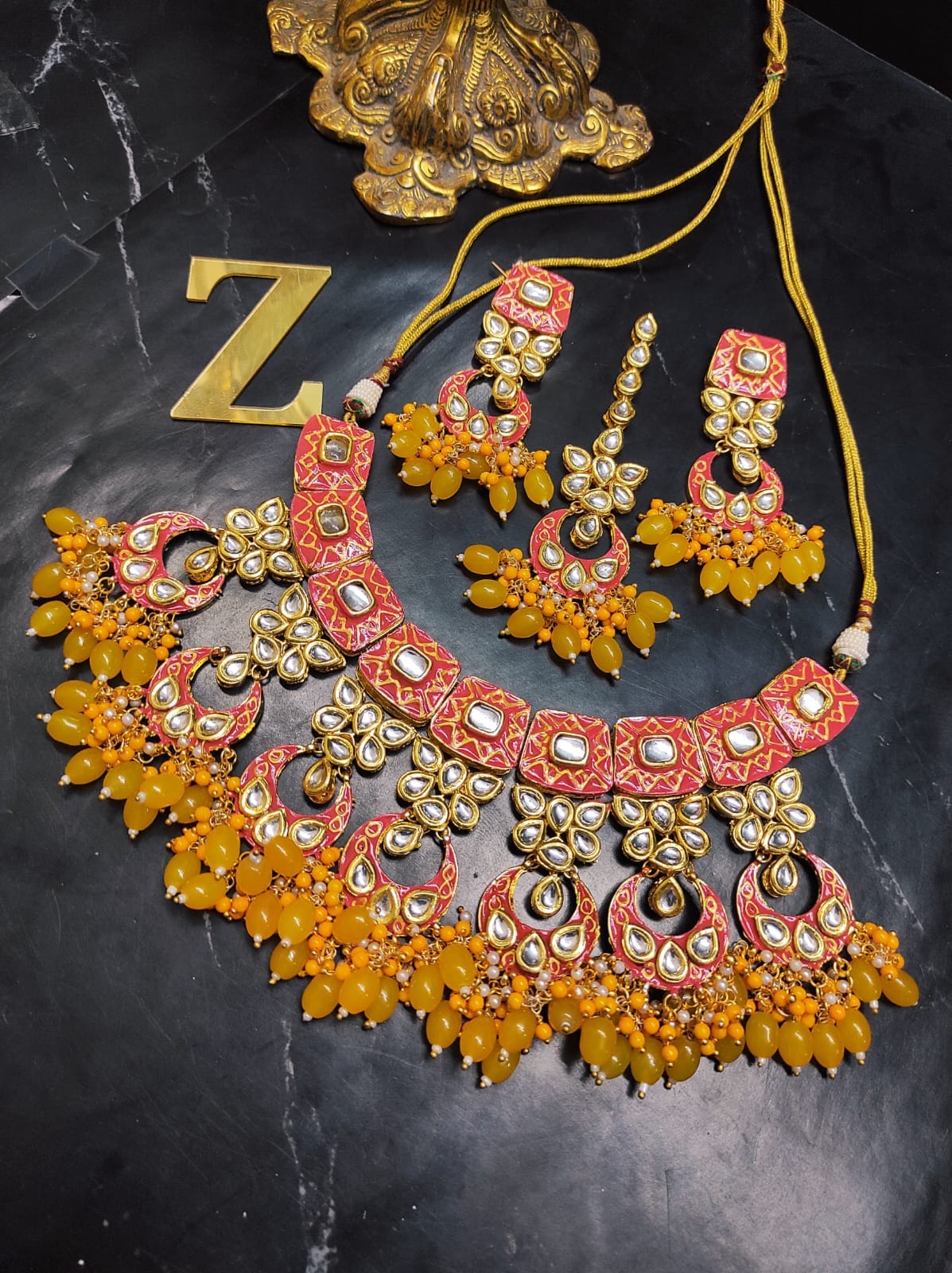 Zevar Jewelry ZEVAR | Meenakari Work Kundan Choker Necklace Earrings with Maantikka 05