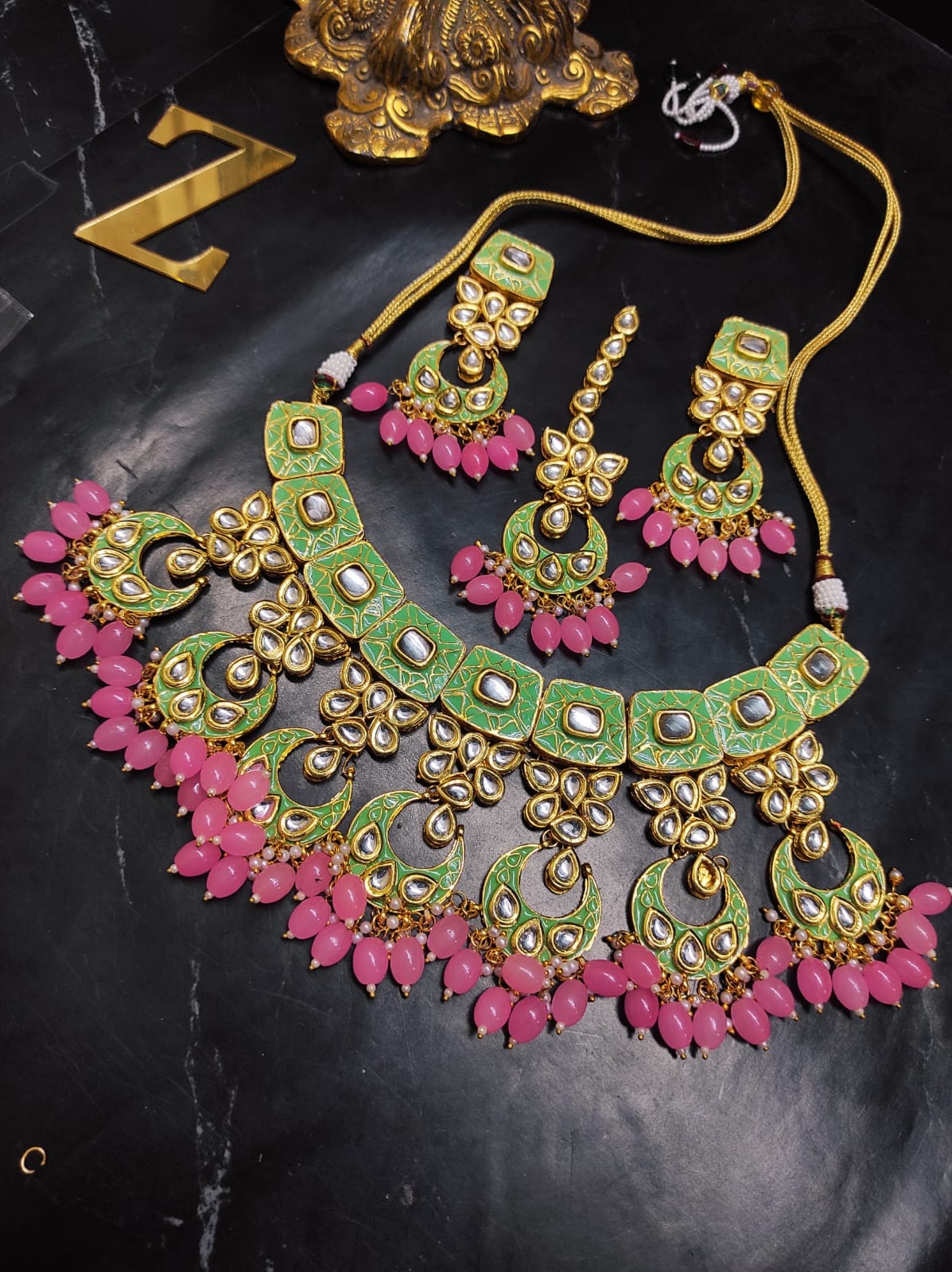 Zevar Jewelry ZEVAR | Meenakari Work Kundan Choker Necklace Earrings with Maantikka 06