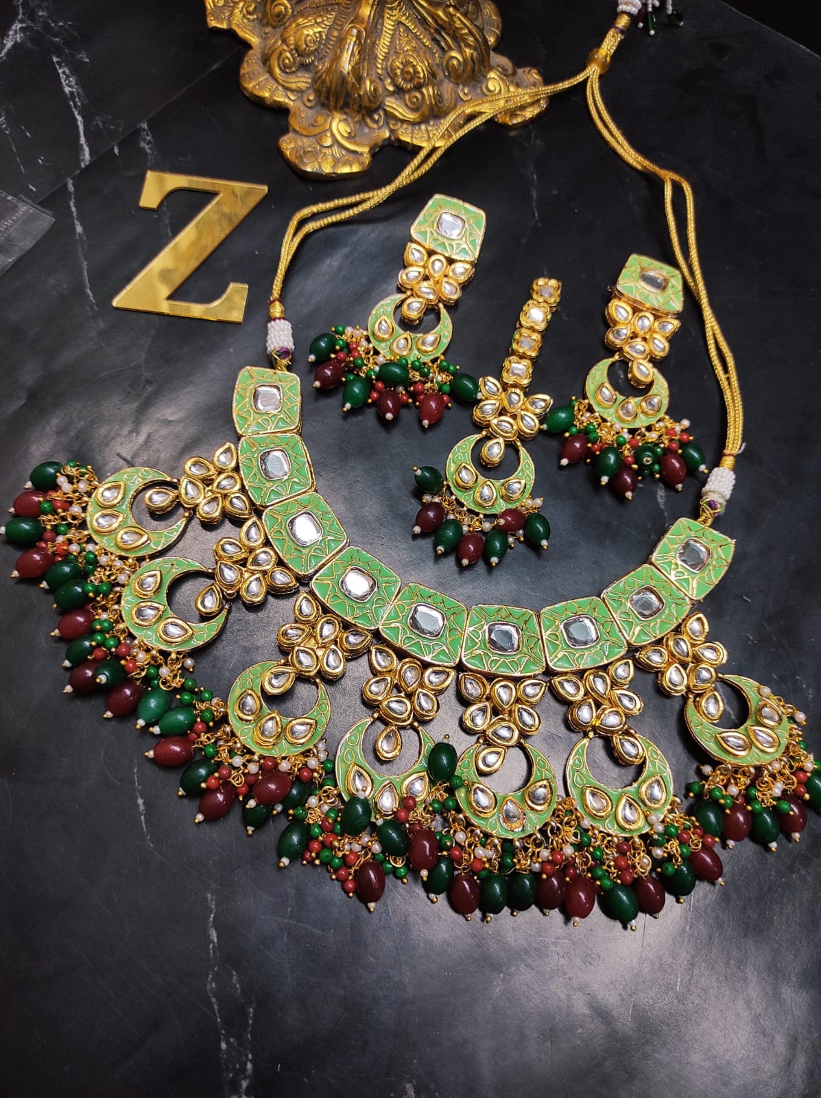 Zevar Jewelry ZEVAR | Meenakari Work Kundan Choker Necklace Earrings with Maantikka 07