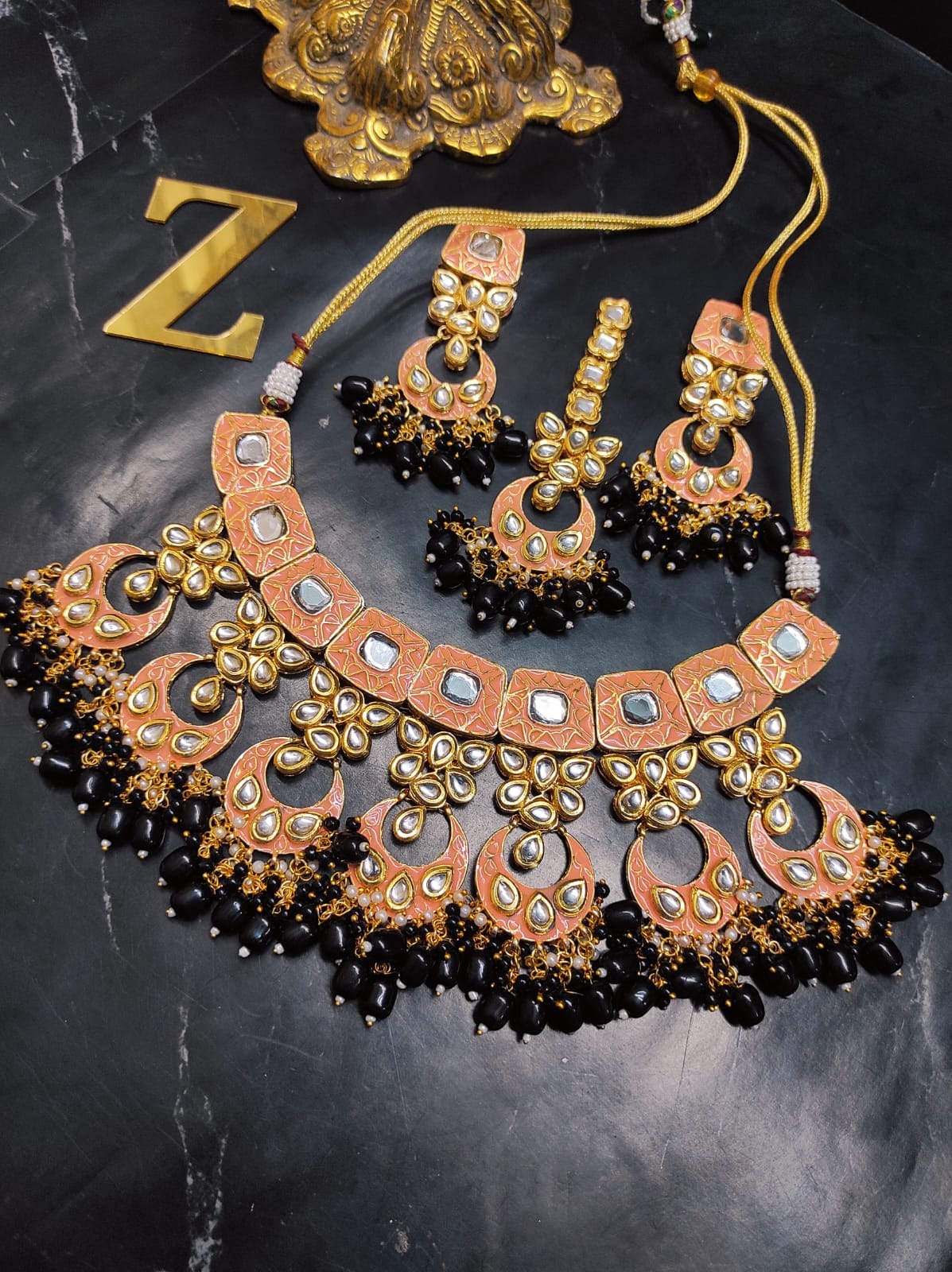 Zevar Jewelry ZEVAR | Meenakari Work Kundan Choker Necklace Earrings with Maantikka 08