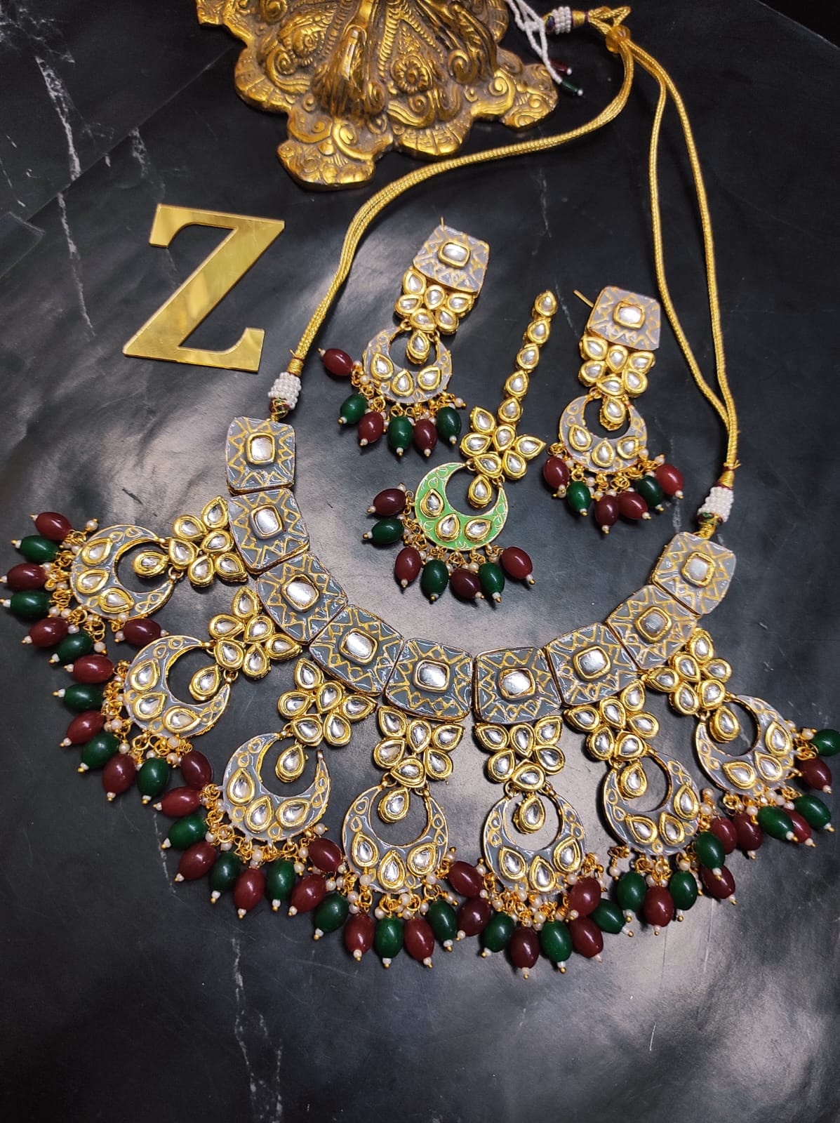 Zevar Jewelry ZEVAR | Meenakari Work Kundan Choker Necklace Earrings with Maantikka 10