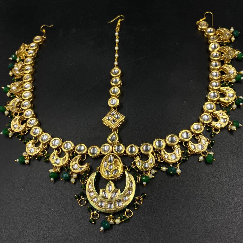 Zevar Maangtikka Gold-Plated Green Ruby & Kundan-Studded & Pearl Beaded Matha Patti By Zevar