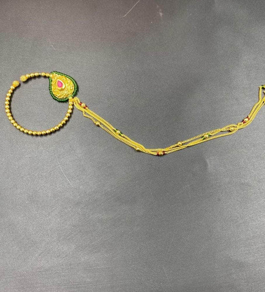 Zevar Nath Gold-Plated & Green Kundan-Studded Pearl Beaded Chained Bridal Nose Pin By Zevar