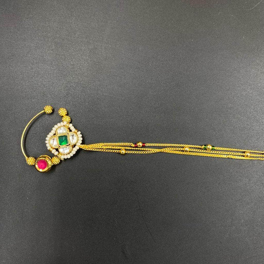 Zevar Nath Gold-Plated & Green Kundan-Studded Pearl Beaded Chained Bridal Nose Pin By Zevar