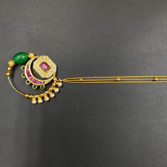 Zevar Nath Gold-Plated & Green Kundan-Studded Pearl Beaded Chained Bridal Nose Pin By Zevar
