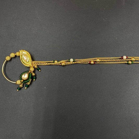 Zevar Nath Gold-Plated & Green Kundan-Studded Pearl Beaded Chained Bridal Nose Pin By Zevar