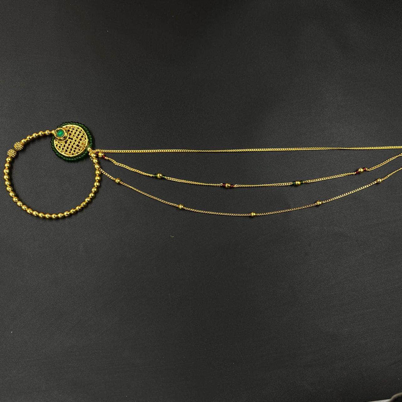 Zevar Nath Gold Plated & Green Pearl studded Chained Bridal Nose Pin By Zevar
