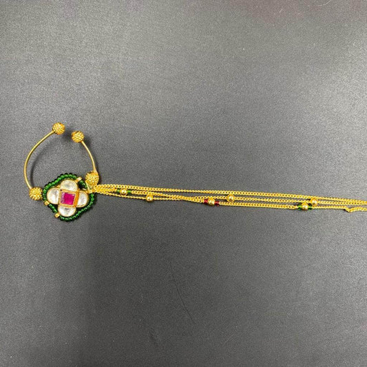 Zevar Nath Gold-Plated & Green Red Pearl Studded Chained Bridal Nose Pin By Zevar