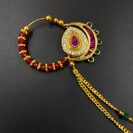 Zevar Nath Gold-Plated & Mehroon -Studded Pearl Chained Bridal Nose Pin By Zevar