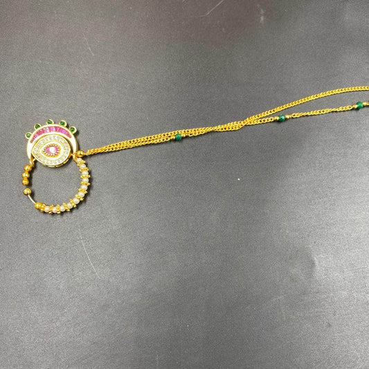 Zevar Nath Gold-Plated & Pink Kundan-Studded Pearl Beaded Chained Bridal Nose Pin By Zevar