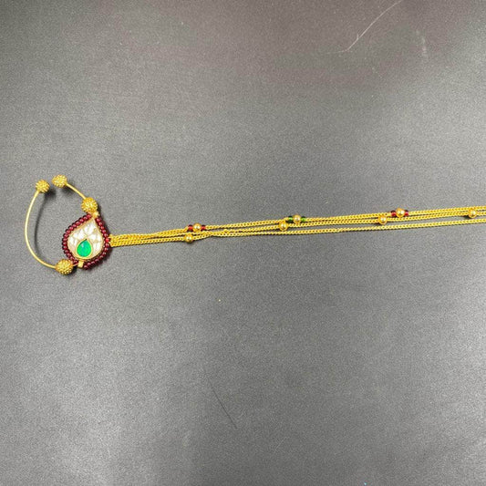 Zevar Nath Gold-Plated & Red Pearl Studded Chained Bridal Nose Pin By Zevar